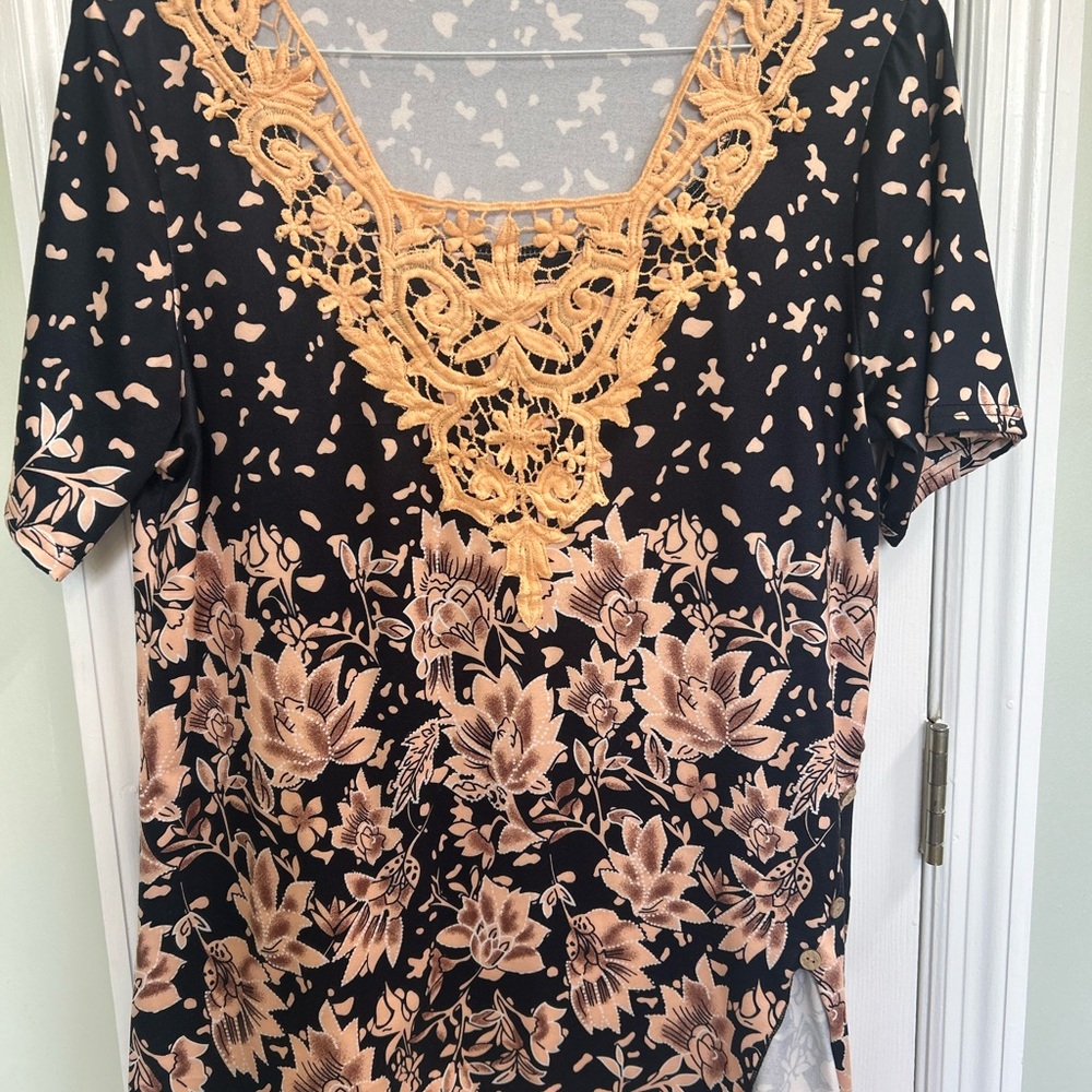 Vibrant beige and Orange Embellished Short Sleeve Blouse